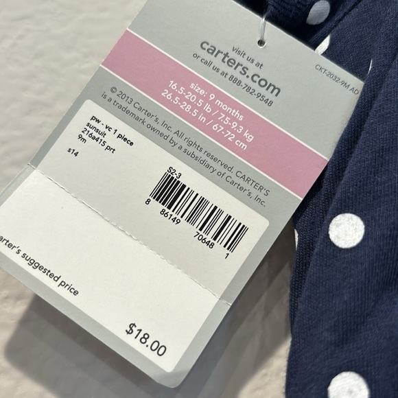 Carter's Infant Girl Size 9 Months Blue & White Polka Dot Anchor Dress NEW - Picture 4 of 10